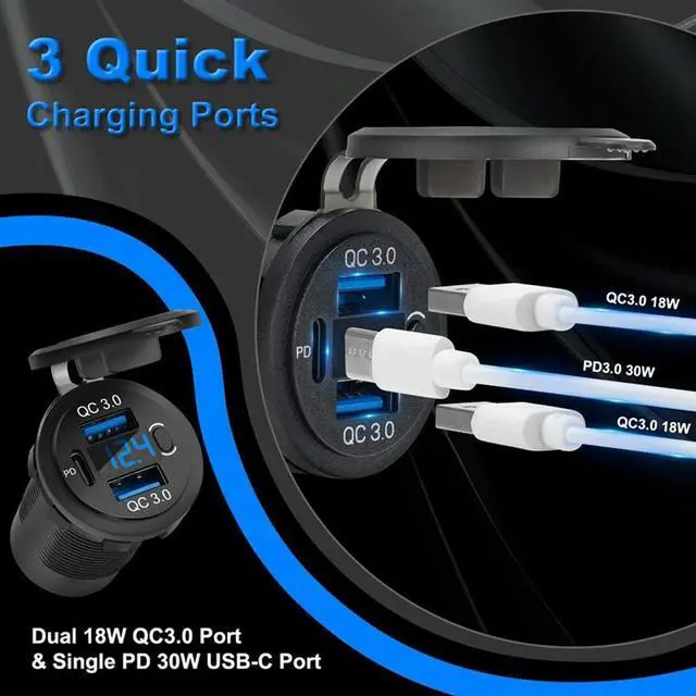 Alt view image 2 of 4 - USB C Car Charger Socket With Voltmeter 30W Quick Charging Port For Marine Boat Car