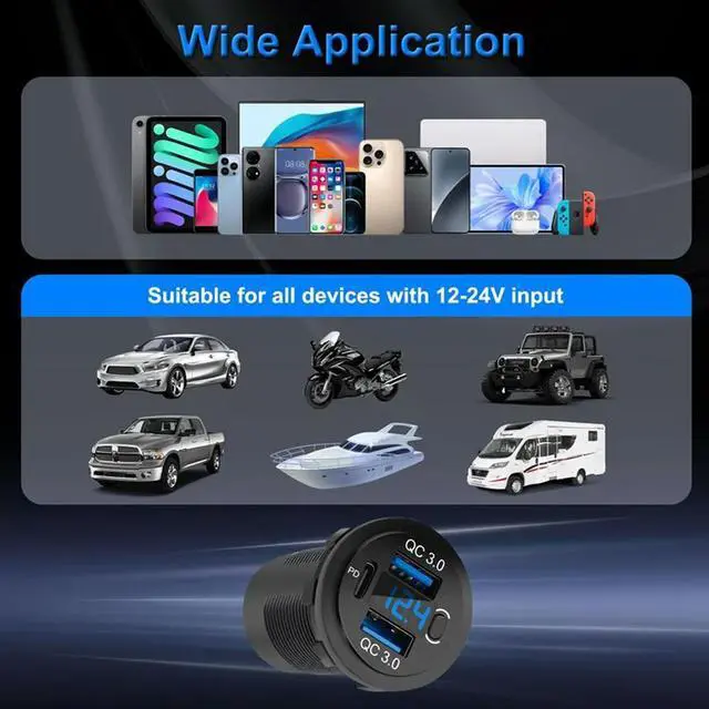 Alt view image 4 of 4 - USB C Car Charger Socket With Voltmeter 30W Quick Charging Port For Marine Boat Car