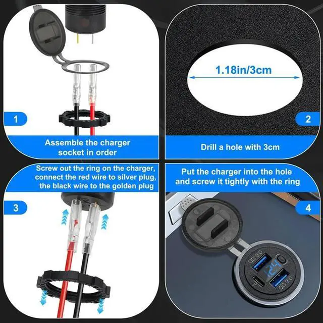 Alt view image 3 of 4 - USB C Car Charger Socket With Voltmeter 30W Quick Charging Port For Marine Boat Car