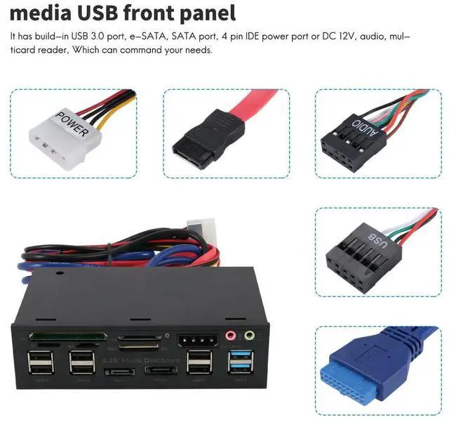 Alt view image 4 of 7 - Multifuntion 5.25" Media Dashboard Card Reader USB 2.0 USB 3.0 20 pin e-SATA SATA Front Panel