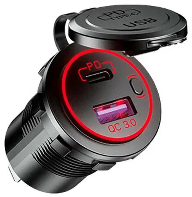 Alt view image 3 of 4 - 3X PD Type C USB Car Charger And QC 3.0 Quick Charger 12V Power Outlet Socket With ON/Off Switch Red