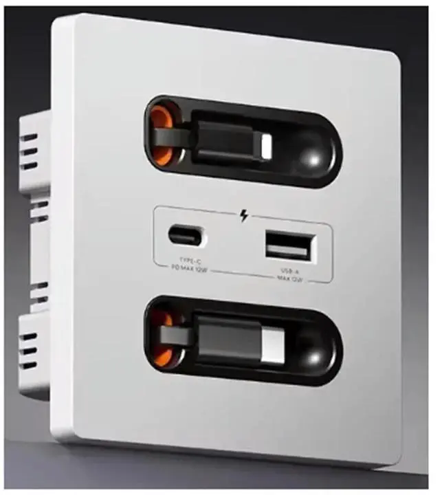 Alt view image 2 of 4 - Universal 12W Wall Panel Socket With Retractable Usb-A Usb-C Charging Cable, Type C Outlet For Mobile Phone Tablet