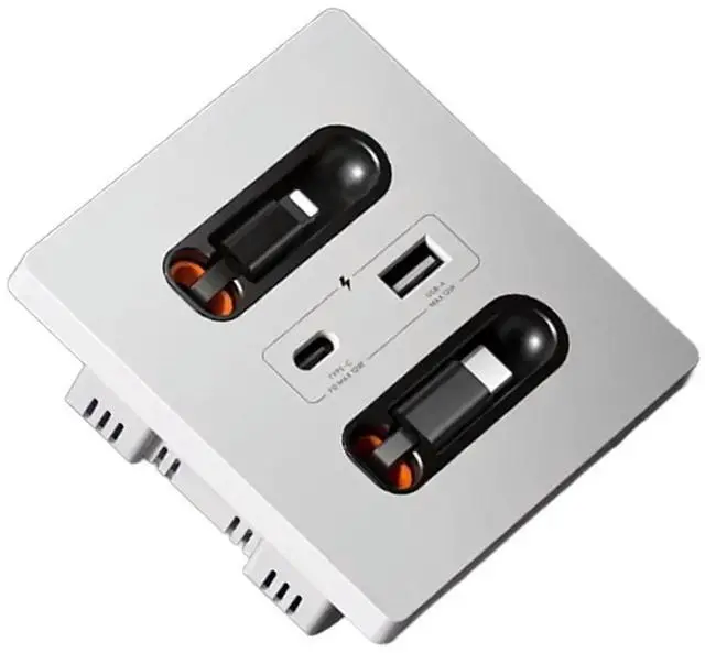 Alt view image 4 of 4 - Universal 12W Wall Panel Socket With Retractable Usb-A Usb-C Charging Cable, Type C Outlet For Mobile Phone Tablet