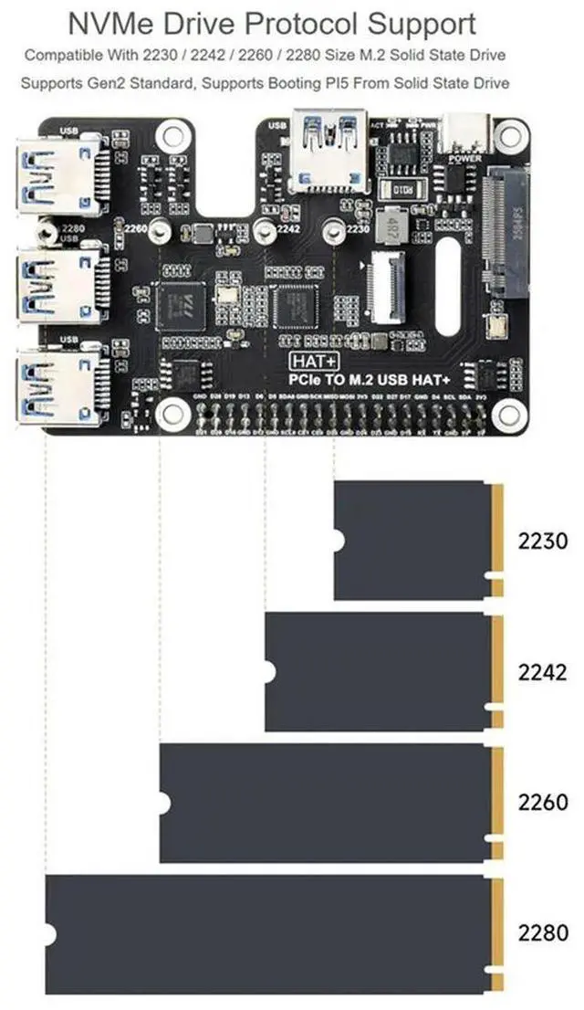 Alt view image 2 of 4 - Pcie To M.2 USB HAT+ For Raspberry Pi 5 Supports Nvme Protocol Solid State Drive Expands 4-Ch USB 3.2 Port
