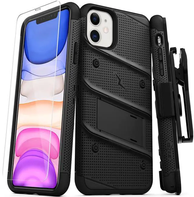 Alt view image 9 of 15 - ZIZO BOLT Series iPhone 11 Case - Heavy-duty Military-grade Drop Protection w/ Kickstand Included Belt Clip Holster Tempered Glass Lanyard - Black