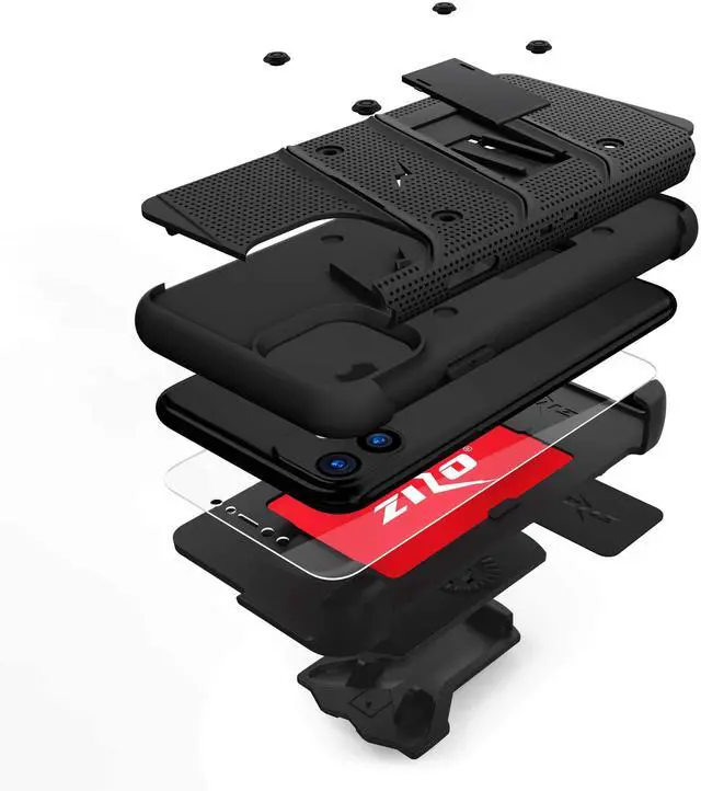 Alt view image 11 of 15 - ZIZO BOLT Series iPhone 11 Case - Heavy-duty Military-grade Drop Protection w/ Kickstand Included Belt Clip Holster Tempered Glass Lanyard - Black