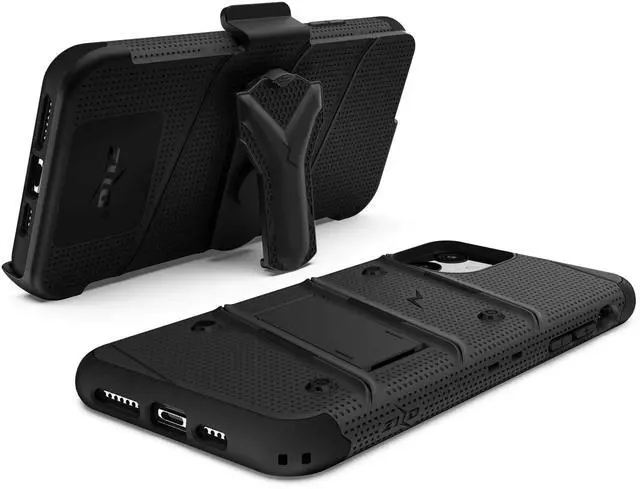 Alt view image 14 of 15 - ZIZO BOLT Series iPhone 11 Case - Heavy-duty Military-grade Drop Protection w/ Kickstand Included Belt Clip Holster Tempered Glass Lanyard - Black