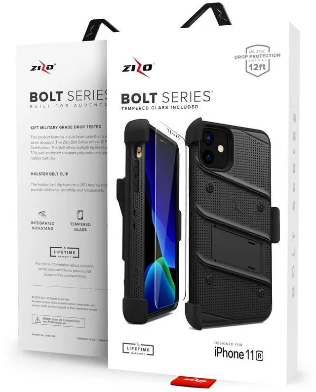 Alt view image 15 of 15 - ZIZO BOLT Series iPhone 11 Case - Heavy-duty Military-grade Drop Protection w/ Kickstand Included Belt Clip Holster Tempered Glass Lanyard - Black