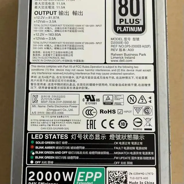 Alt view image 3 of 6 - D2000E-S0 For MVP7C 2000W Server Power Supply DPS-2000EB A J5WMG