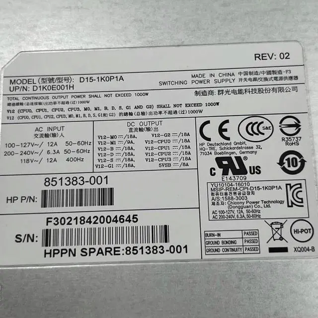 Main image of For Z6 G4 1000W Workstation Power Supply 851383-001 D15-1K0P1A D1K0E001H