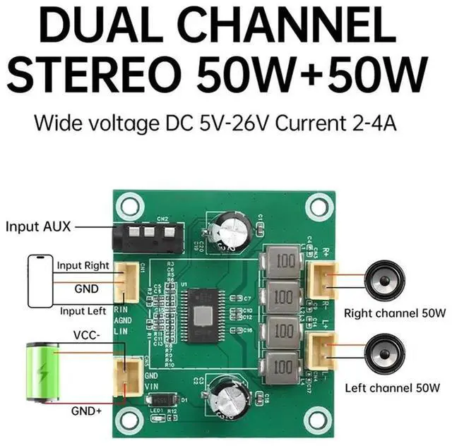 Alt view image 5 of 7 - Ageryu TPA3116 DC 5V-26V 50W+50W 2.0 Channel Digital Stereo Audio Power Amplifier Board 2A Audio Amplifier Module