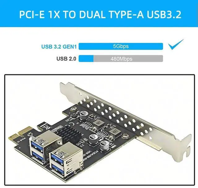 Alt view image 4 of 4 - USB3.2 GEN1 PCIE Expansion Card 4 Port USB-A 5Gbps Expansion Card Adapter Riser For WIN7/10/11 LINUX