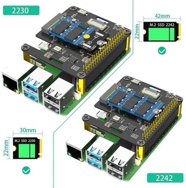Alt view image 2 of 2 - For Pi 5 M.2 NVME To Pcie Adapter Supports M2 2230 2242 M Key NVME SSD With Cooler Automatic Discoloration L