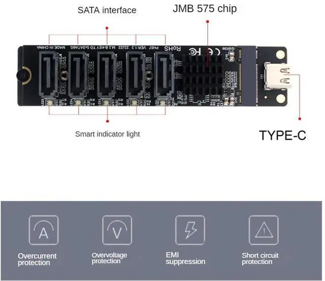 Alt view image 2 of 4 - TYPE-C to 5 Port SATA3.0 Adapter Card Riser Card JM575+JMS580 SATA3 6Gbps USB10G Chassis Server PC Computer Expansion