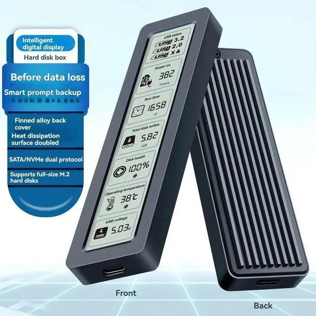 Alt view image 2 of 4 - Ageryu M. 2 NVME/NGFF SATA SSD Enclosure with Display Screen ligent Digital Health Detection USB3.2 Gen2 Type-C 10Gbps