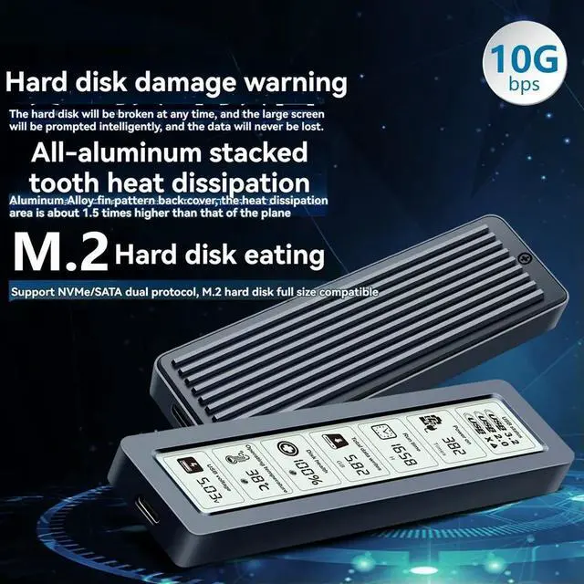 Alt view image 3 of 4 - Ageryu M. 2 NVME/NGFF SATA SSD Enclosure with Display Screen ligent Digital Health Detection USB3.2 Gen2 Type-C 10Gbps