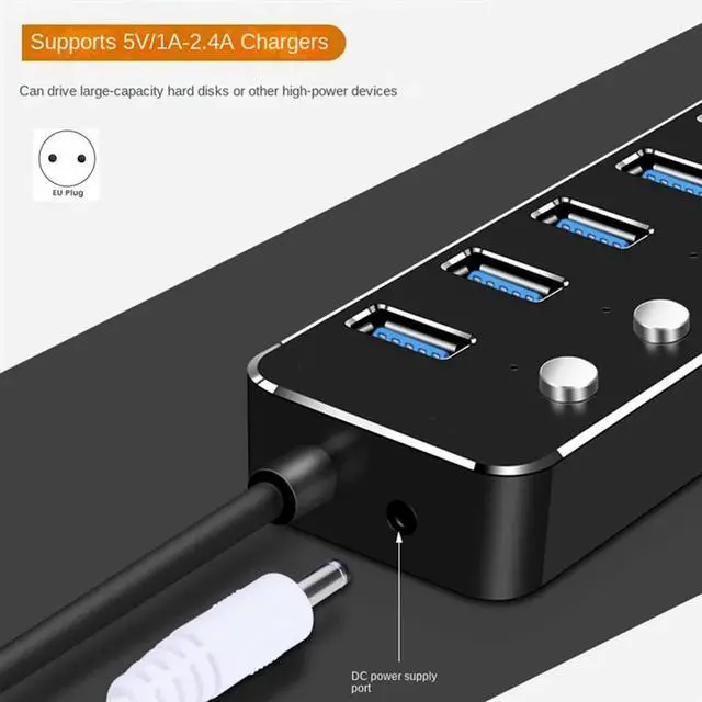 Alt view image 3 of 4 - USB 3.0 Power Adapter 7 Ports Aluminum Alloy Splitter Hub USB Multi Extender Switch 1.2M Cable Hub Kit USB Hub 3.0 EU Plug B-N33