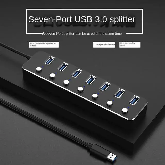 Alt view image 4 of 4 - USB 3.0 Power Adapter 7 Ports Aluminum Alloy Splitter Hub USB Multi Extender Switch 1.2M Cable Hub Kit USB Hub 3.0 EU Plug B-N33
