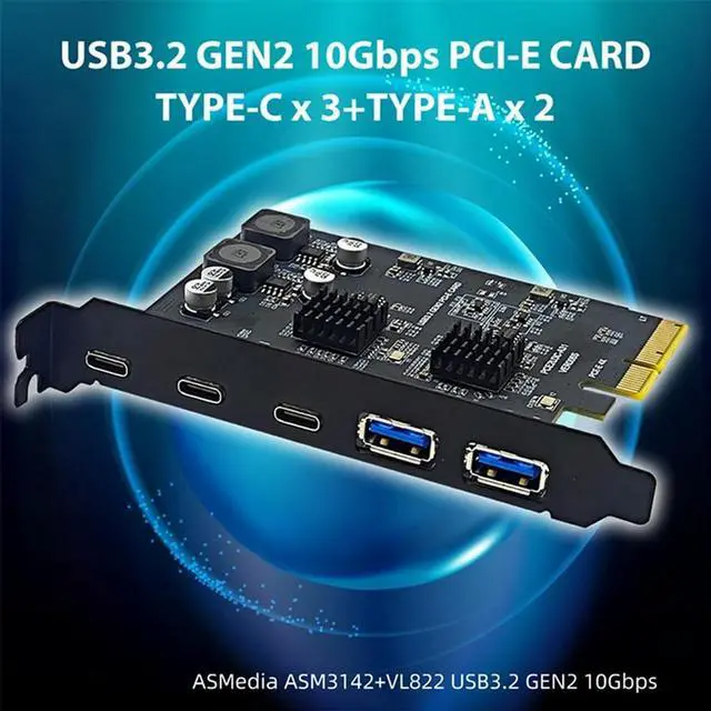 Alt view image 2 of 4 - PCI Express X4 To 3 Port Type C + 2 Port USB3.2 Gen2 10Gbps Adapter ASM3142 + VL822 Chip PCIE USB Expansion Card
