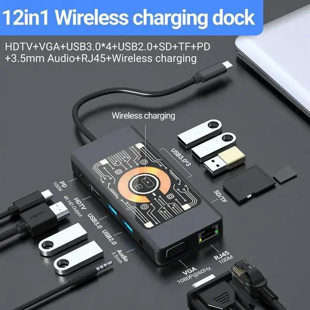 Alt view image 2 of 4 - 12 In 1 Wireless Charging Hub USB-C Docking Station Dual Monitor With VGA,USB3.0/2.0,SD/TF,RJ45 100M,Audio3.5