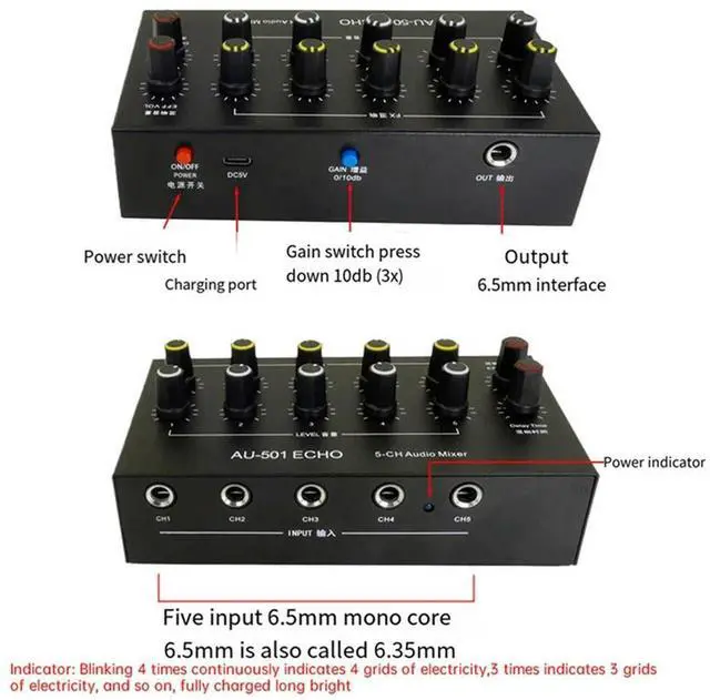 Alt view image 2 of 7 - Ageryu AU-501 Condenser Microphone Expander 5 Channel 6.5Mm Microphone Mixer Multi-Channel Input Expander Hub-N33R