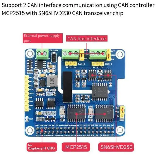 Alt view image 4 of 7 - Ageryu For Raspberry Pi 2CH Isolated CAN Expansion HAT MCP2515 7-36V For Raspberry Pi Series/Jetson Nano-N33R