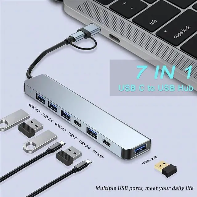 Alt view image 4 of 4 - USB C Hub Splitter 7 In 1 USB Extender USB Dock Station With 4 USB Port 2 USB C Port For PC Laptop/Phones And More Dev