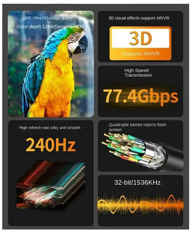 Alt view image 7 of 7 - Ageryu 2.1 Cable 16K DP Cable Ultra HD Video Audio Cable For Laptop TV Projector Monitor Durable 3 Meters-N33R