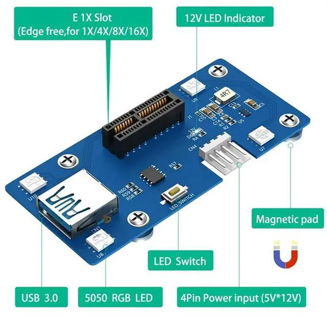 Alt view image 3 of 4 - 5Th Generation Upgrade PCI Express PCI-E 1X To 1X/4X/8X/16X Riser Card Side Extension Plug Cable (With LED Light)-N33R