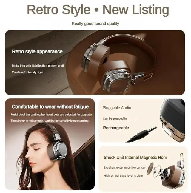 Alt view image 4 of 4 - Retro Classic Over Ear Headsets Studio Stereo Bluetooth5.3 Wireless Headphones Touch Control Type C Earphones, Durable B-N33R