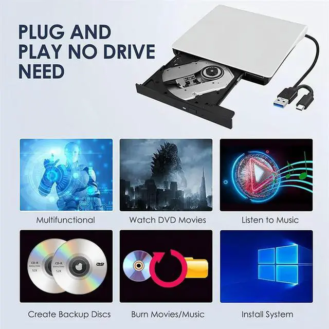 Alt view image 3 of 4 - Ageryu External CD DVD +/-RW Drive, USB 3.0 & USB-C Portable CD & DVD ROM Burner Player Reader Writer Rewriter Disc Drive-N33R