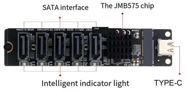 Alt view image 3 of 4 - Adapter Card TYPE-C To SATA To 5-Port SATA3 6Gbps USB10G Expansion Adapter Card JM575+JMS580-N33R