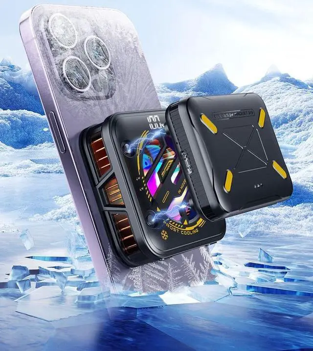 Main image of Magnetic Phone and Tab Cooler for Gaming Fast Semiconductor Cooling Fan with RGB Light, Temperature Display, Clip-On Heat Sink for iPhone & Android Smartphones