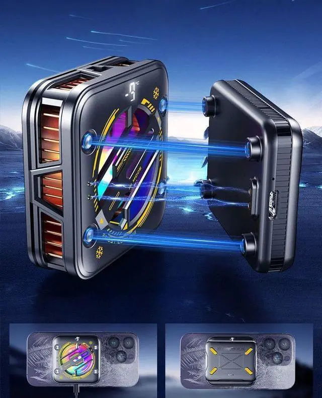 Alt view image 2 of 6 - Magnetic Phone and Tab Cooler for Gaming Fast Semiconductor Cooling Fan with RGB Light, Temperature Display, Clip-On Heat Sink for iPhone & Android Smartphones