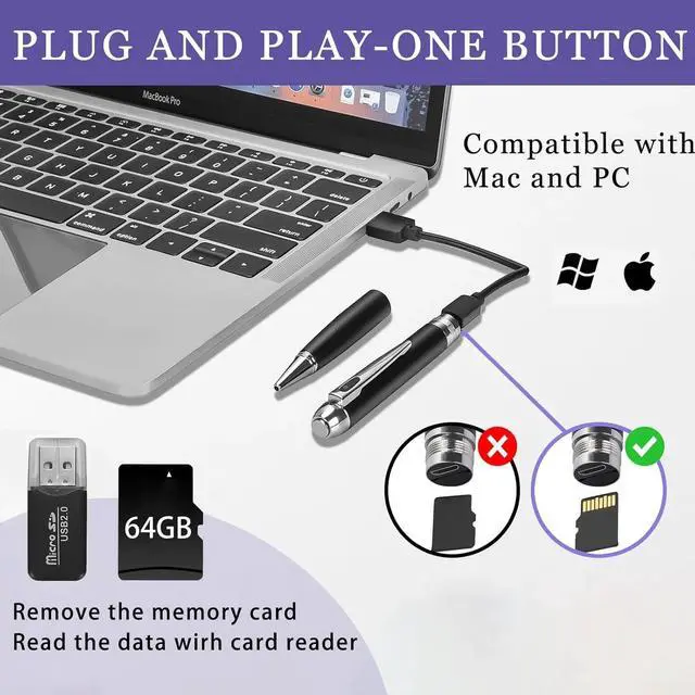 Alt view image 3 of 5 - 64GB Nanny Camera Pen, Portable Body Camera with 1080P, Loop Recording, Rechargeable Mini Cameras for Home, Office