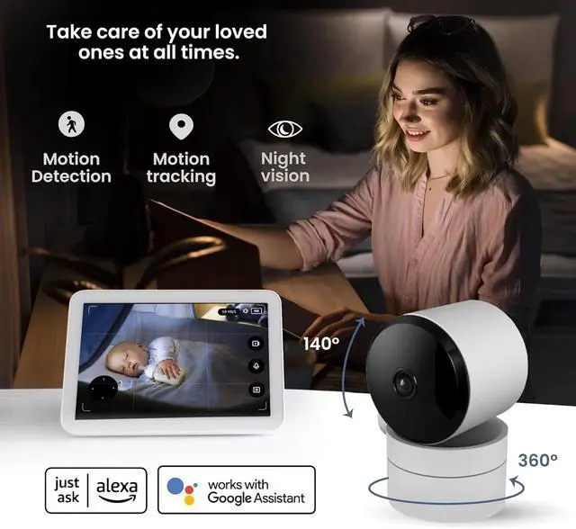 Alt view image 6 of 6 - 2K Indoor WiFi Security Camera - Motion Detection, Night Vision, Privacy Mode, Alexa/Google Compatible, Two-Way Audio, Dual-Band, 355° Rotation