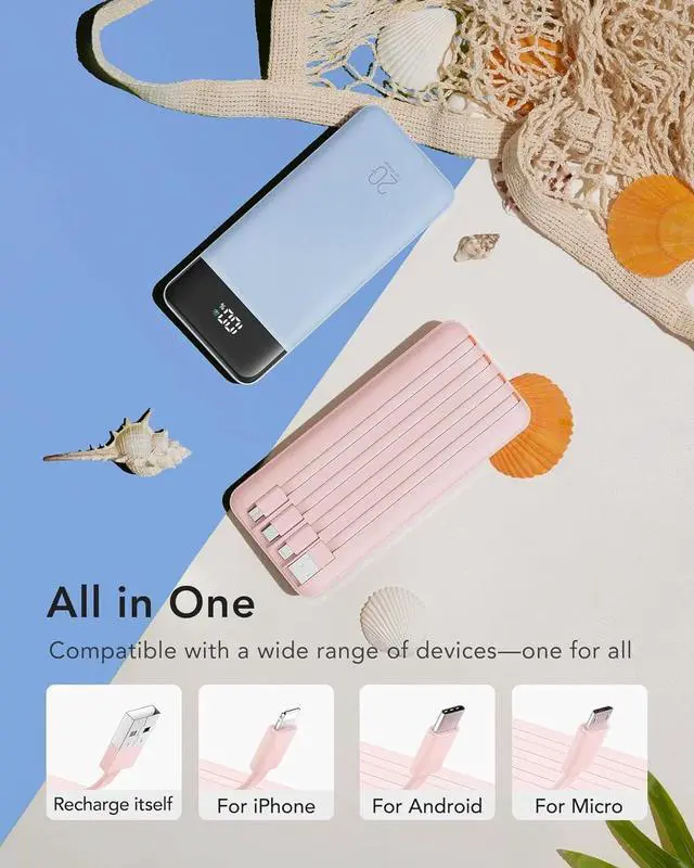 Alt view image 2 of 7 - Charmast 20000mAh Portable Charger with 4 Built-in Cables & 6 Outputs, 20W Power Bank Fast Charging - USB C External Battery Pack for iPhone 16 15 14, Android, iPad, Tablet & More (Travel Essential)