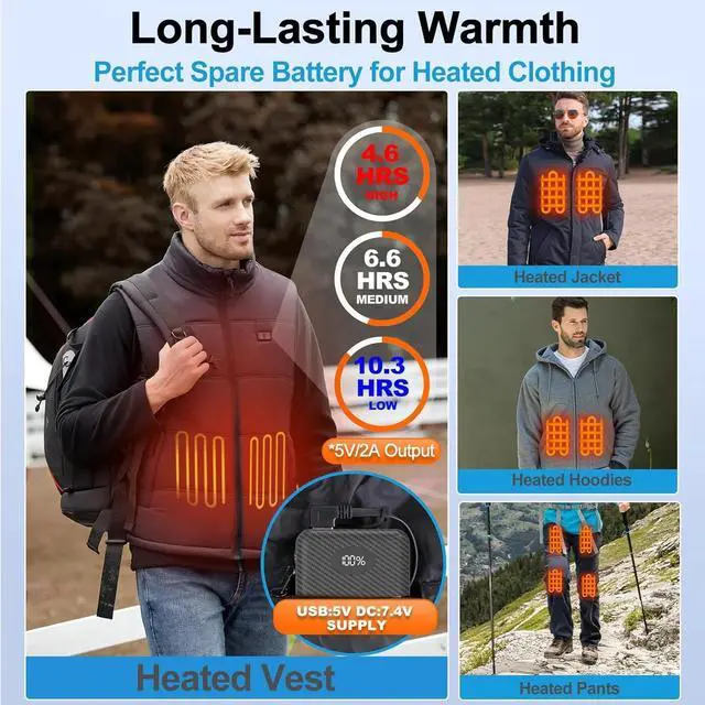 Alt view image 2 of 7 - 12000mAh Battery Pack for Heated Vest-5V/7.4V Rechargeable Power Bank with LED Display and DC/USB Output for Heated Jacket, Hoodie and Pants,Fast Charging Powerbank Compatible with iPhone iPad Samsung