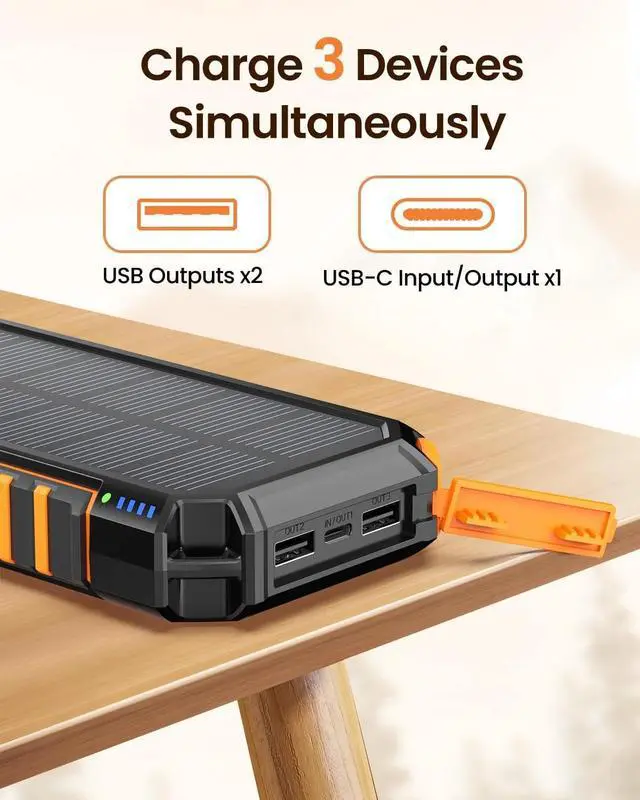 Alt view image 5 of 7 - Hiluckey Power Bank 27000mAh Solar Charger, 15W USB C Fast Charging Portable Phone Charger for iPhone, Three Outputs, External Battery Pack with Bright LED Flashlight for Outdoor Camping
