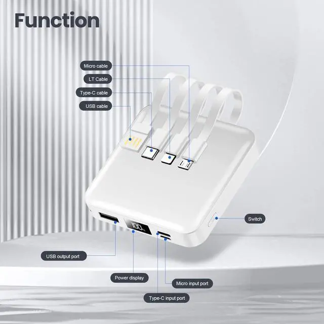 Alt view image 6 of 7 - Small Portable Charger,12000mAh Fast Charging Portable Power Bank Built-in 4 Cables,USB C Input/Output with LED Display,External Battery Portable Charger Power Bank for iPhone,Tablet,Samsung