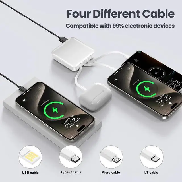 Alt view image 2 of 7 - Small Portable Charger,12000mAh Fast Charging Portable Power Bank Built-in 4 Cables,USB C Input/Output with LED Display,External Battery Portable Charger Power Bank for iPhone,Tablet,Samsung