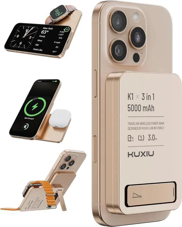 Main image of Magnetic Portable Charger Power Bank, 5000mAh Foldable 3 in 1 Wireless Charging Station with Stand, Travel Battery Pack for iPhone 16/15/14, for Watch Ultra2/10/9, for AirPods with 20W Cable