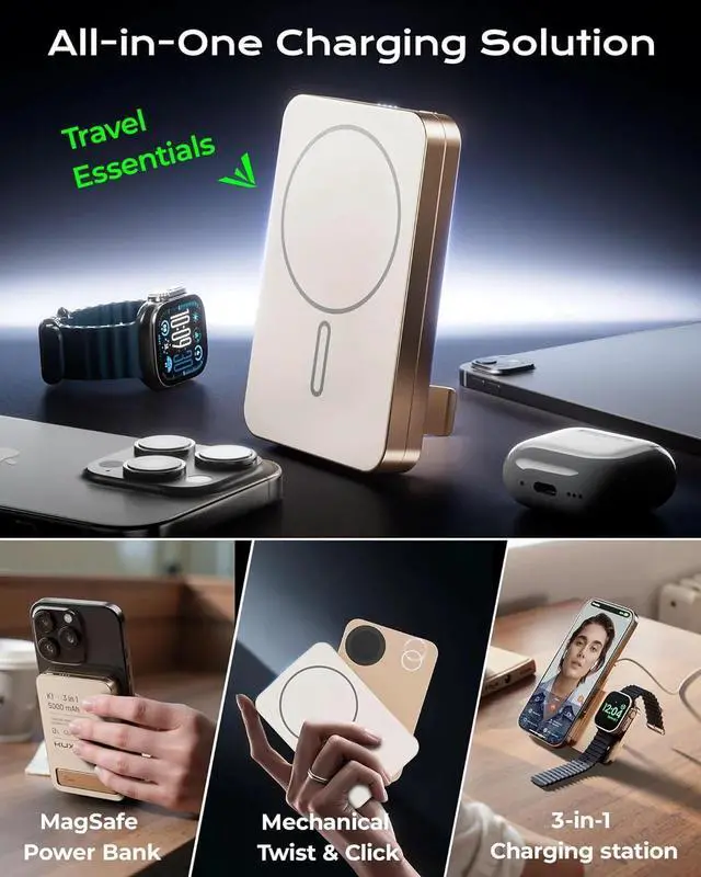 Alt view image 2 of 7 - Magnetic Portable Charger Power Bank, 5000mAh Foldable 3 in 1 Wireless Charging Station with Stand, Travel Battery Pack for iPhone 16/15/14, for Watch Ultra2/10/9, for AirPods with 20W Cable