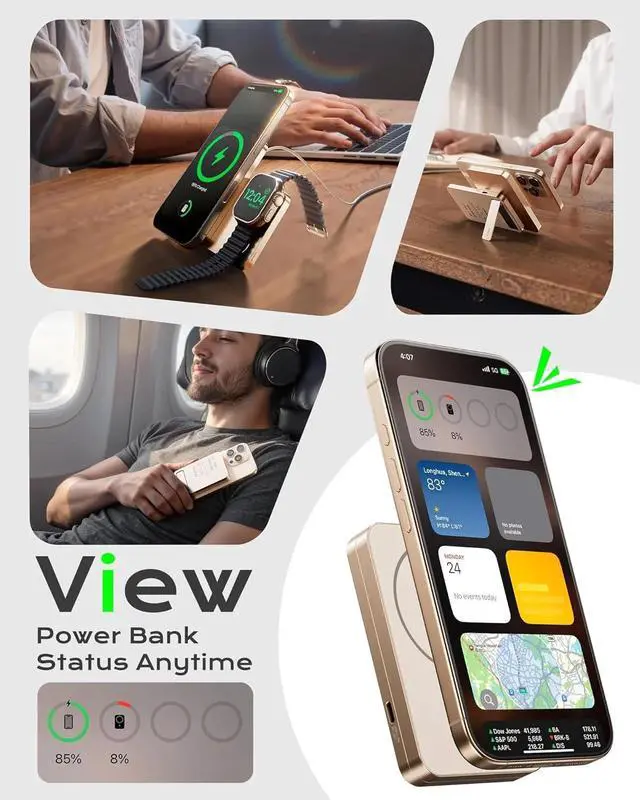 Alt view image 3 of 7 - Magnetic Portable Charger Power Bank, 5000mAh Foldable 3 in 1 Wireless Charging Station with Stand, Travel Battery Pack for iPhone 16/15/14, for Watch Ultra2/10/9, for AirPods with 20W Cable
