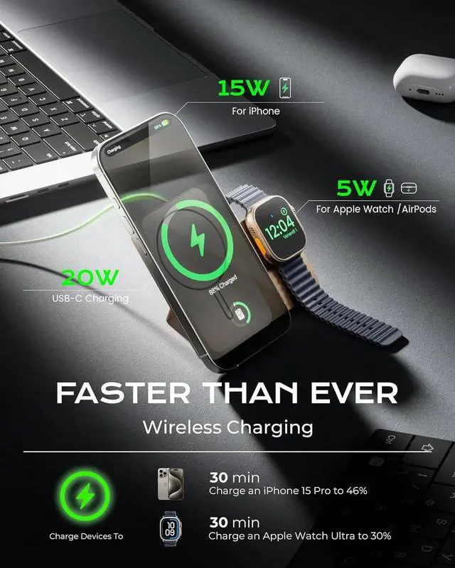 Alt view image 4 of 7 - Magnetic Portable Charger Power Bank, 5000mAh Foldable 3 in 1 Wireless Charging Station with Stand, Travel Battery Pack for iPhone 16/15/14, for Watch Ultra2/10/9, for AirPods with 20W Cable