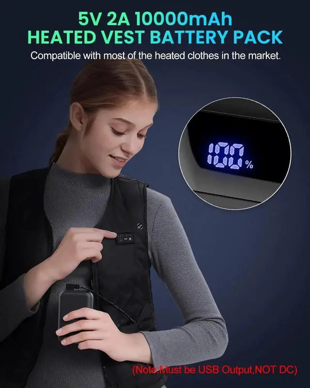 Alt view image 2 of 7 - Pocket Size Power Bank 10000mah for Heated Vest,5V 2A Heated Jacket Battery Pack,LED Display Portable Charger with Dual USB,External Battery Phone Chager for iPhone,Android etc.