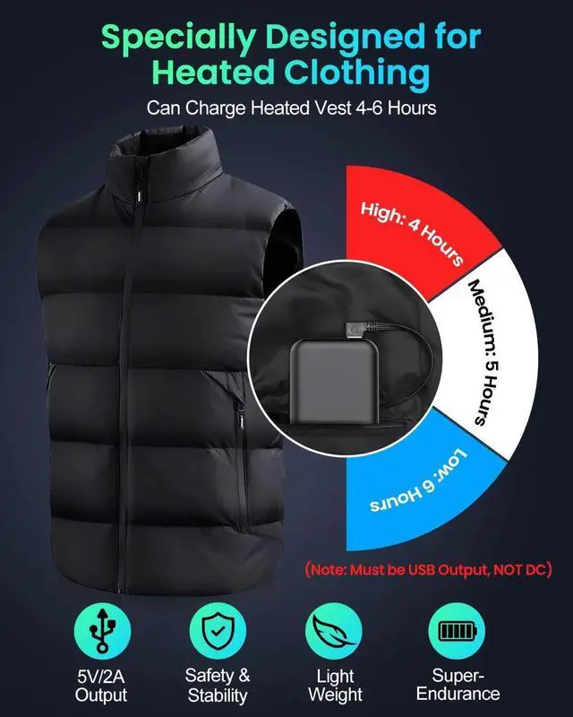 Alt view image 3 of 7 - Pocket Size Power Bank 10000mah for Heated Vest,5V 2A Heated Jacket Battery Pack,LED Display Portable Charger with Dual USB,External Battery Phone Chager for iPhone,Android etc.