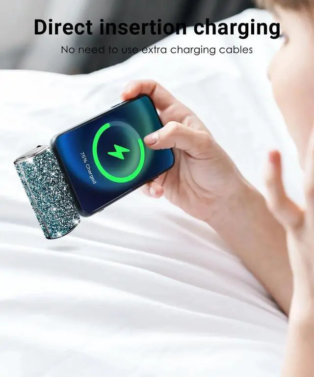 Alt view image 2 of 7 - Bling Small Portable Charger, Power Bank, 6800mAh Ultra Compact Cute Shining Battery Pack 5V3.1A Fast Charger Built-in iOS Connector and Flashlight for iPhone 14 Series to iPhone 5 Series(Blue)