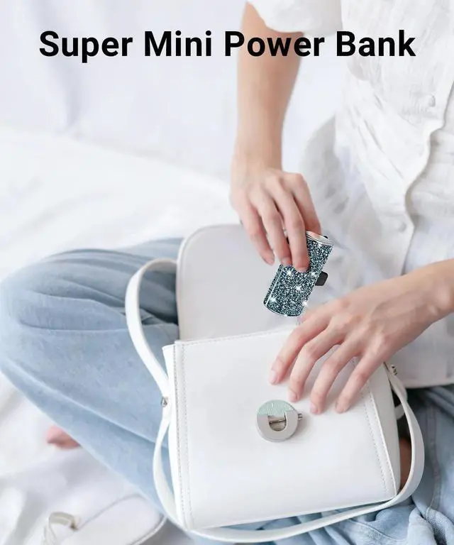 Alt view image 3 of 7 - Bling Small Portable Charger, Power Bank, 6800mAh Ultra Compact Cute Shining Battery Pack 5V3.1A Fast Charger Built-in iOS Connector and Flashlight for iPhone 14 Series to iPhone 5 Series(Blue)