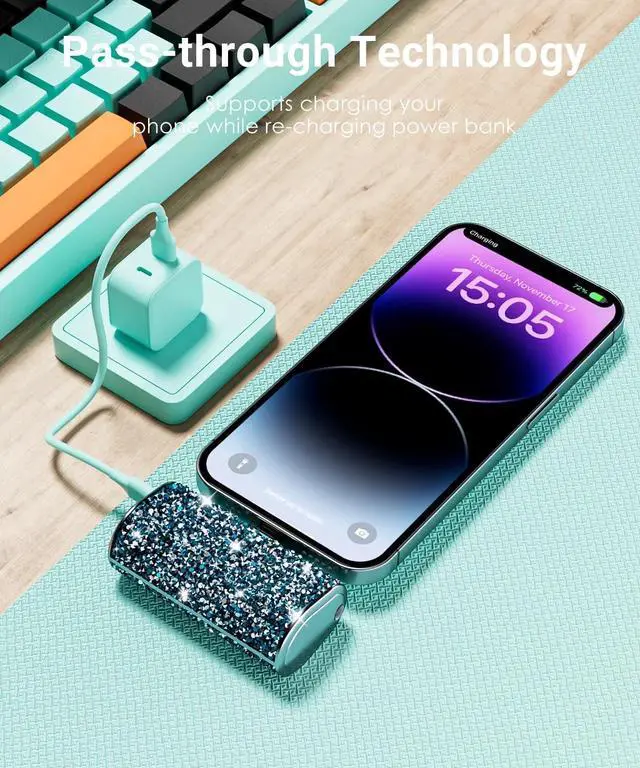 Alt view image 5 of 7 - Bling Small Portable Charger, Power Bank, 6800mAh Ultra Compact Cute Shining Battery Pack 5V3.1A Fast Charger Built-in iOS Connector and Flashlight for iPhone 14 Series to iPhone 5 Series(Blue)